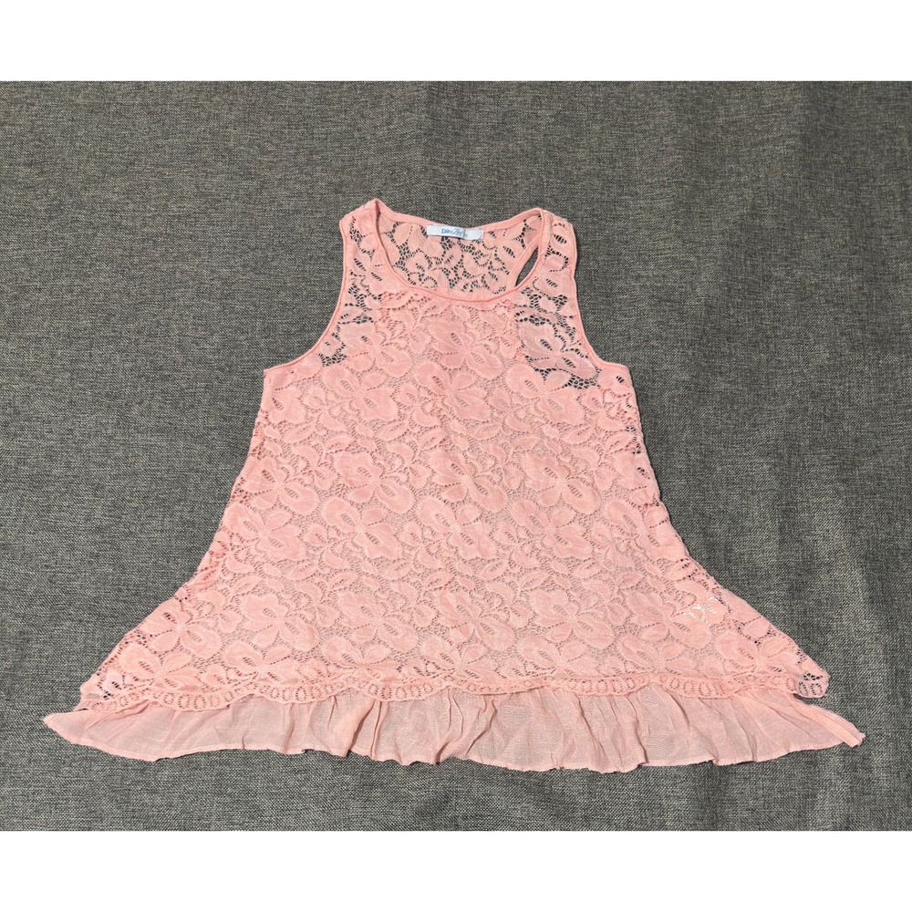 Elsie & Zoey Women's S/M Tank Top Pink Floral Lace Ruffle Hem Sleeveless‎